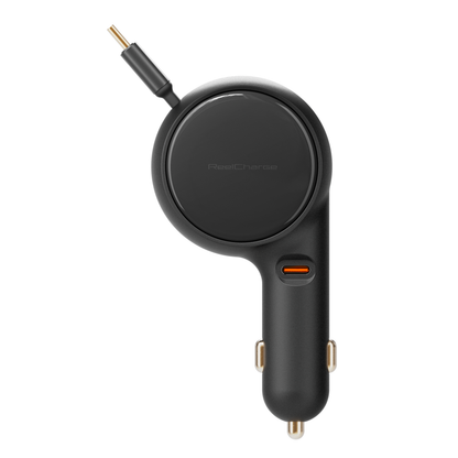 Front view of the ReelCharge 60W car charger showing the second USB-C port and extended cable