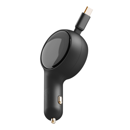 Angled view of the ReelCharge 60W car charger with the USB-C connector retracted into the housing