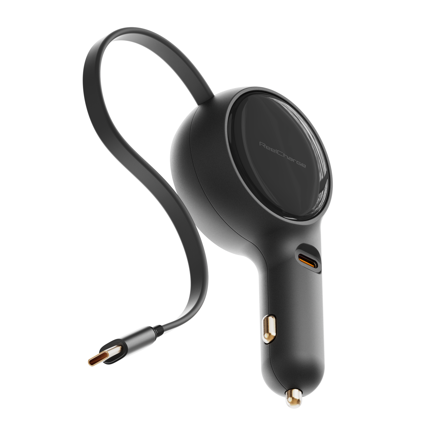 ReelCharge 60W 2-in-1 car charger in black with the retractable USB-C cable extended
