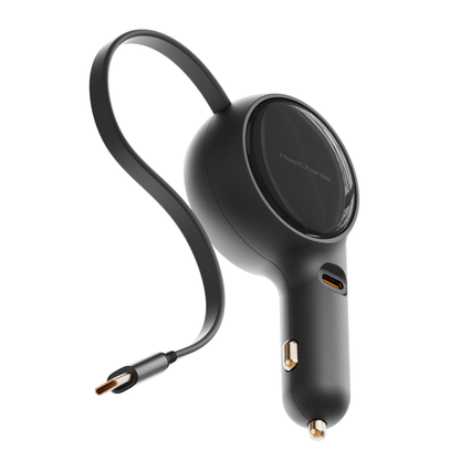 ReelCharge 60W 2-in-1 car charger in black with the retractable USB-C cable extended