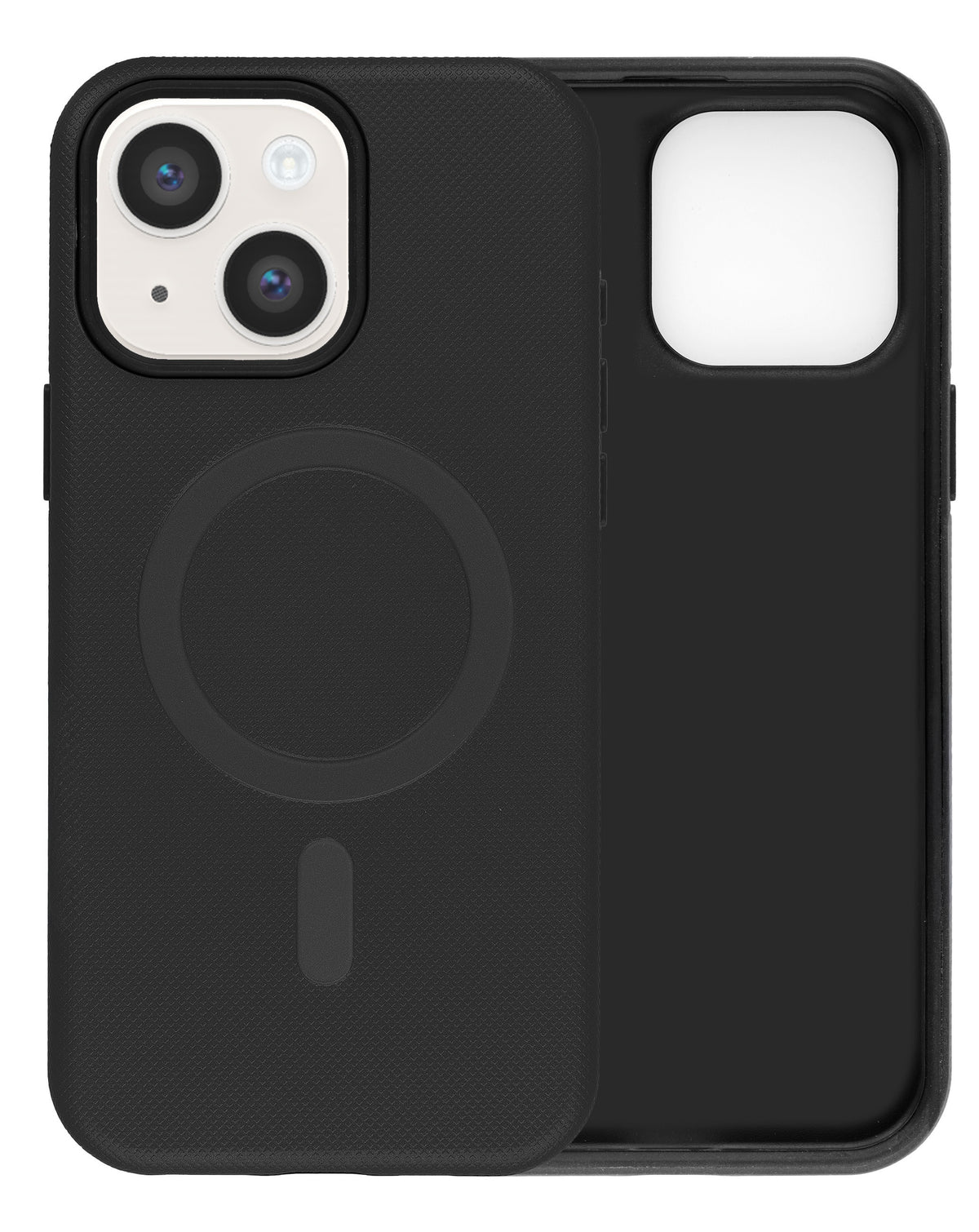 Black soft-touch matte MagSafe case for iPhone 13 / 14, back and inside view