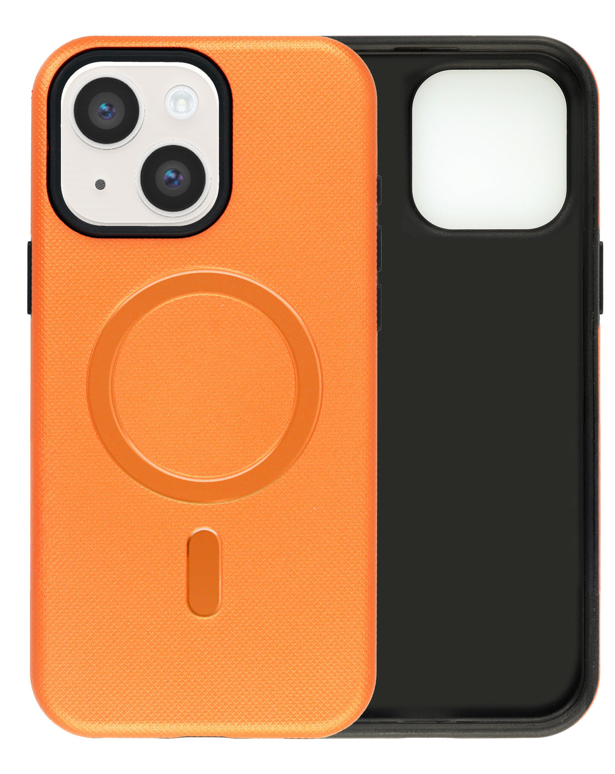 Orange soft-touch matte MagSafe case for iPhone 13 / 14, back and inside view