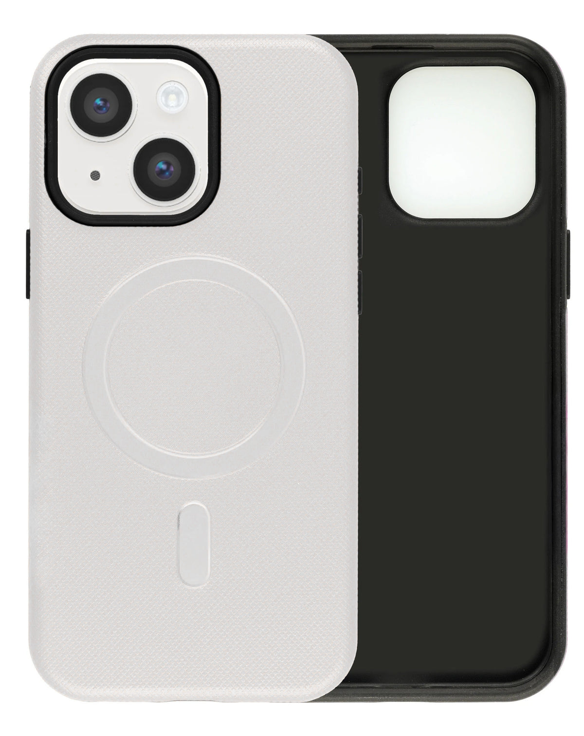 White soft-touch matte MagSafe case for iPhone 13 / 14, back and inside view