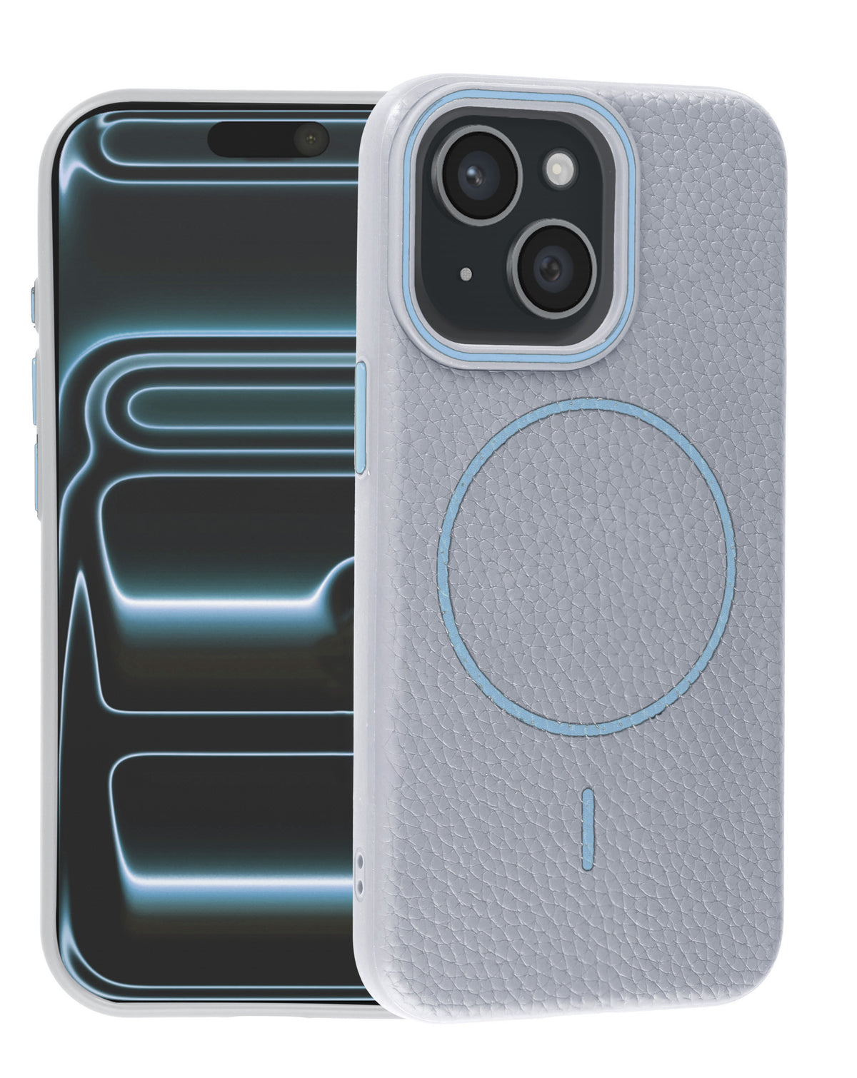 Wayne Blue pebbled leather magnetic case for iPhone 13 / 14, front and back view