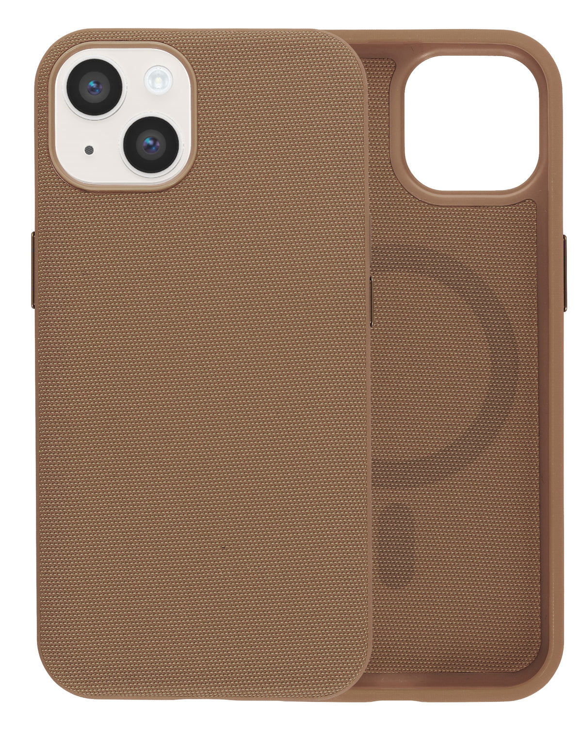 Brown textured armor MagSafe case for iPhone 13 / 14, back and inside view