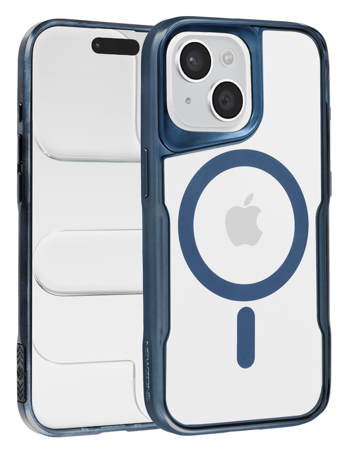 Glossy clear magnetic case with dark blue frame for iPhone 13 / 14, back and front view showing the MagSafe ring