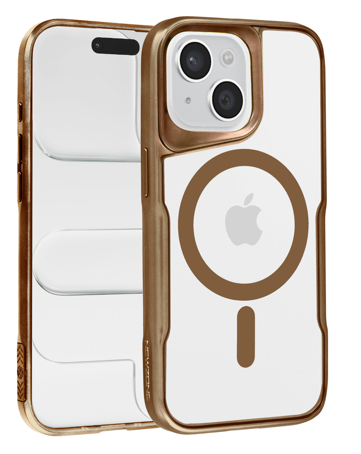Glossy clear magnetic case with desert gold frame for iPhone 13 / 14, back and front view showing the MagSafe ring