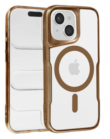 Glossy clear magnetic case with desert gold frame for iPhone 13 / 14, back and front view showing the MagSafe ring