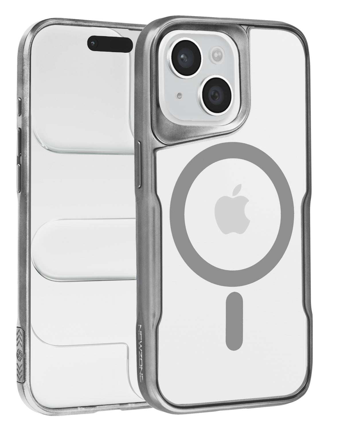 Glossy clear magnetic case with silver frame for iPhone 13 / 14, back and front view showing the MagSafe ring