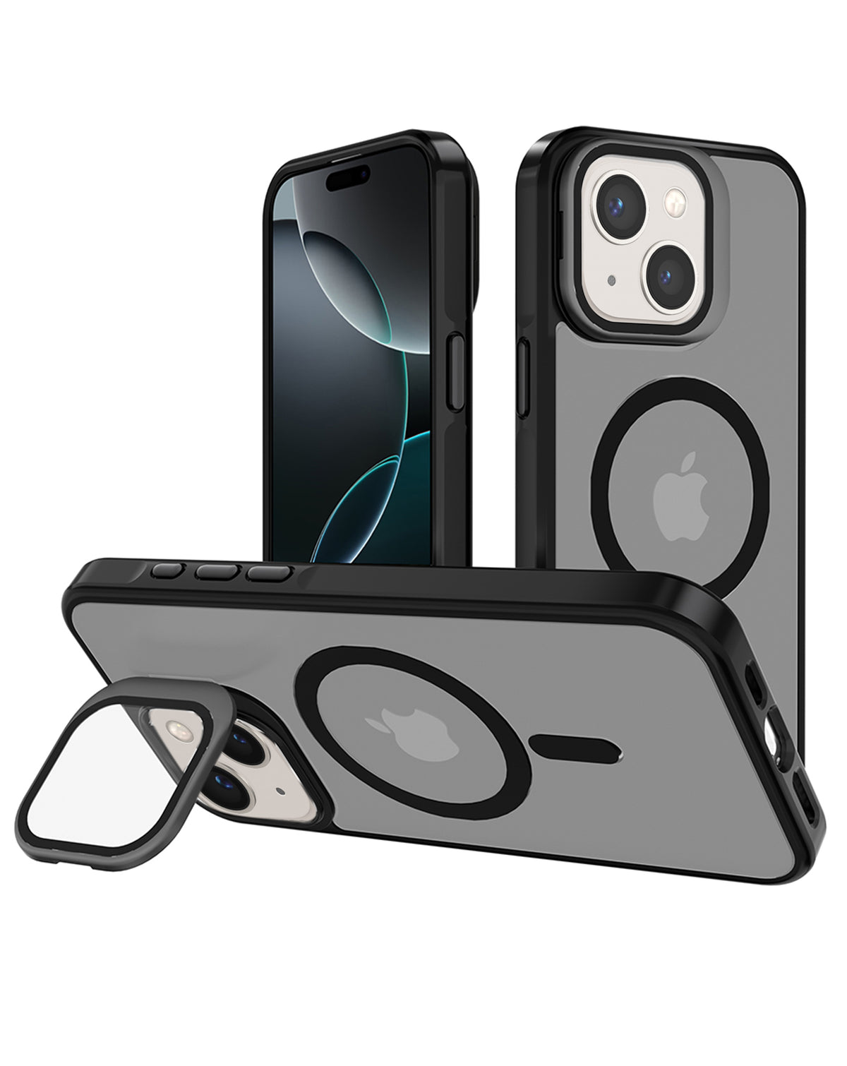 Slim matte translucent MagSafe case in black for iPhone 13 / 14, shown upright on its camera cover kickstand