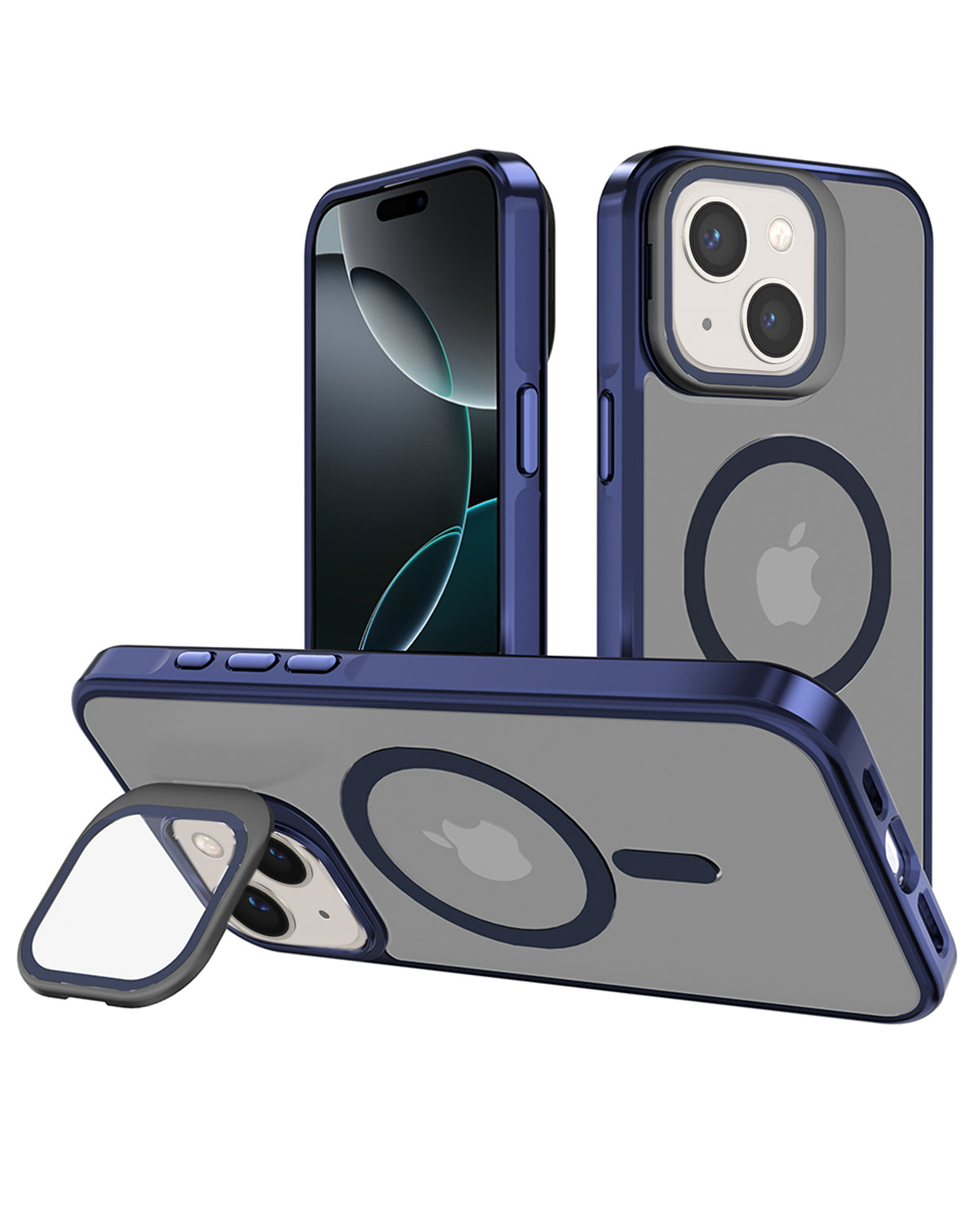 Slim matte translucent MagSafe case in navy blue for iPhone 13 / 14, shown upright on its camera cover kickstand