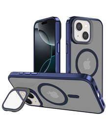 Slim matte translucent MagSafe case in navy blue for iPhone 13 / 14, shown upright on its camera cover kickstand