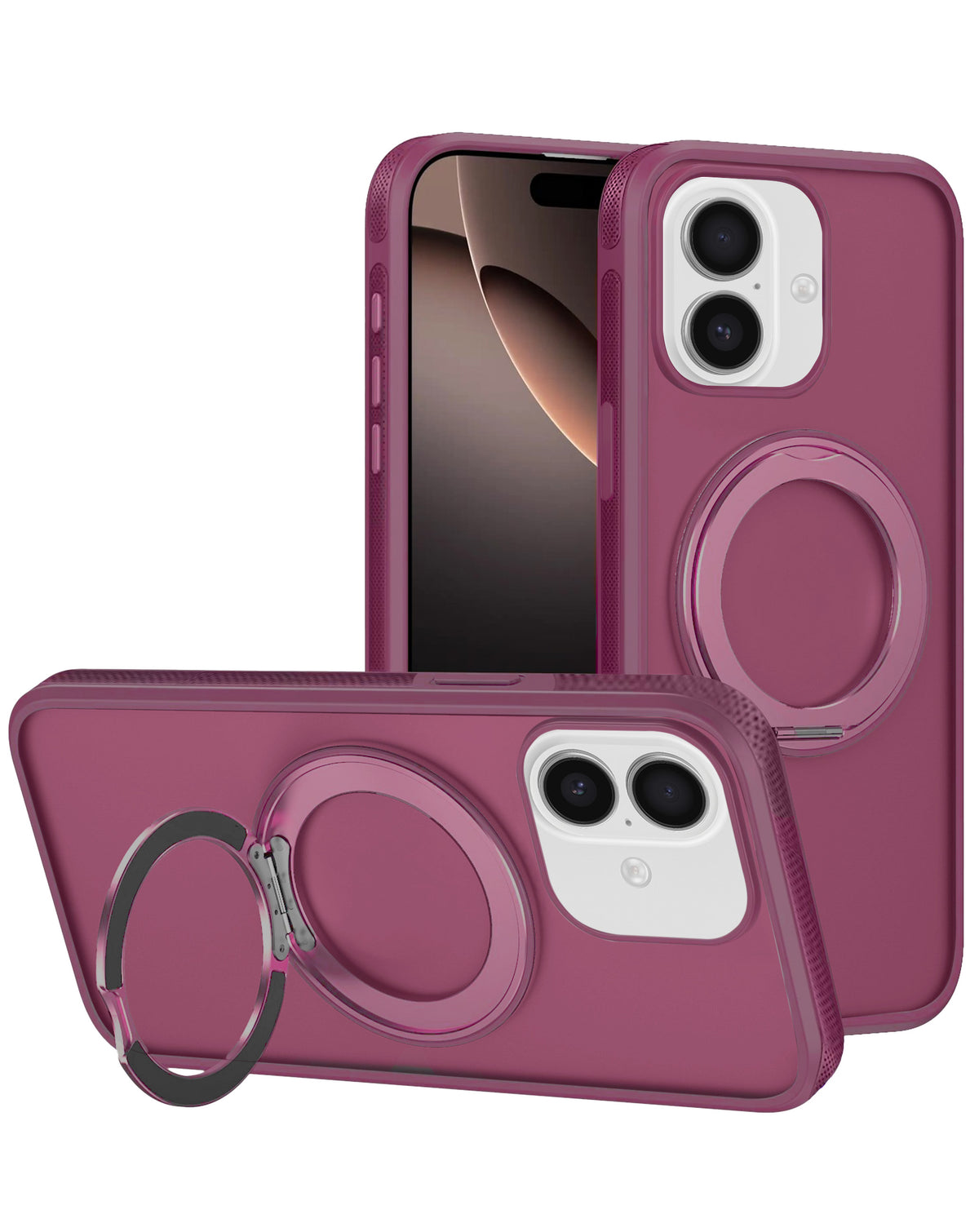 Burgundy heavy duty rugged MagSafe case with camera guard and ring kickstand for iPhone 13 / 14 / 15 / 16e / 17e, shown propped up