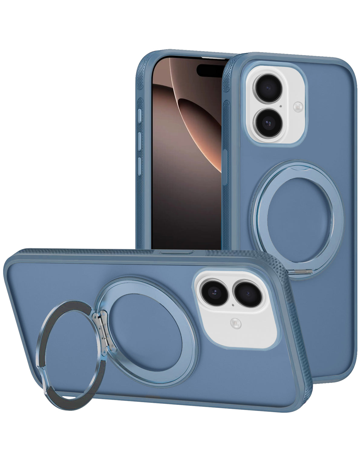 Dark Blue heavy duty rugged MagSafe case with camera guard and ring kickstand for iPhone 13 / 14 / 15 / 16e / 17e, shown propped up
