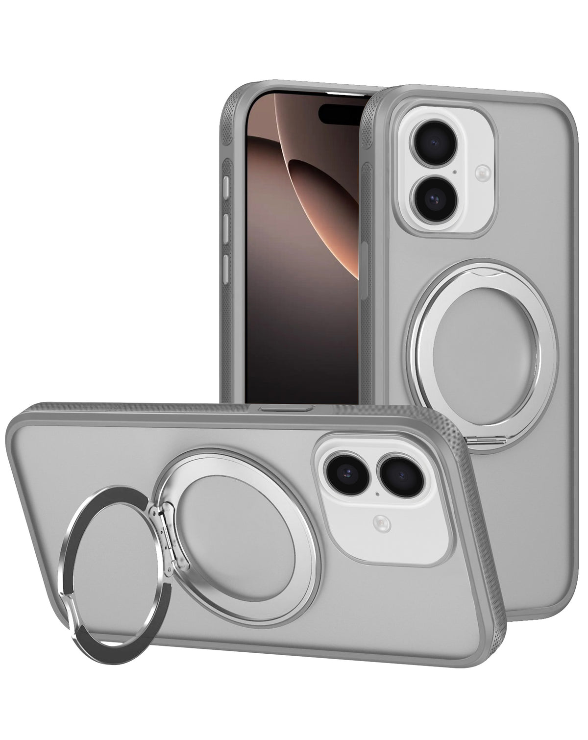 Gray heavy duty rugged MagSafe case with camera guard and ring kickstand for iPhone 13 / 14 / 15 / 16e / 17e, shown propped up