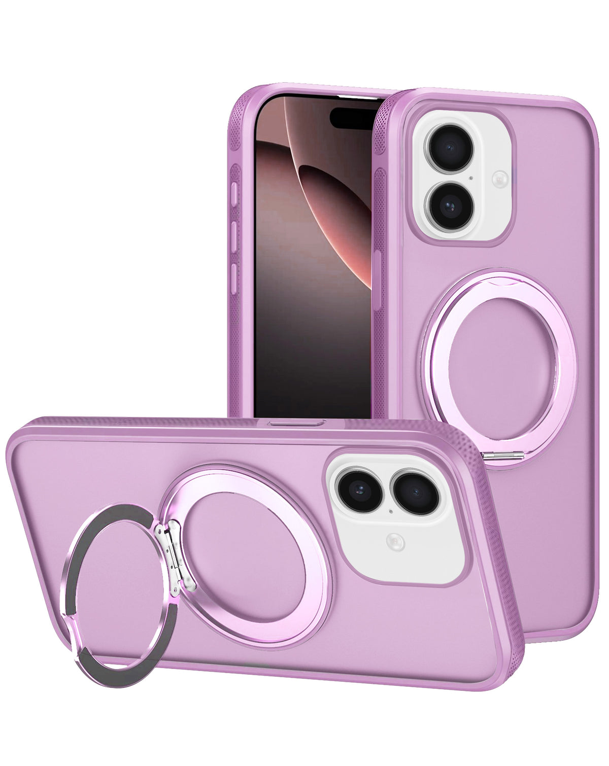 Lavender heavy duty rugged MagSafe case with camera guard and ring kickstand for iPhone 13 / 14 / 15 / 16e / 17e, shown propped up