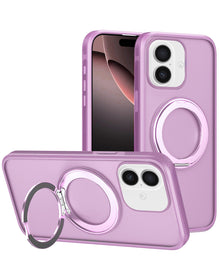 Lavender heavy duty rugged MagSafe case with camera guard and ring kickstand for iPhone 13 / 14 / 15 / 16e / 17e, shown propped up