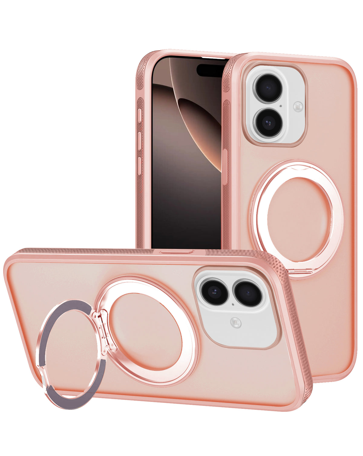 Pink heavy duty rugged MagSafe case with camera guard and ring kickstand for iPhone 13 / 14 / 15 / 16e / 17e, shown propped up
