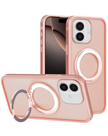 Pink heavy duty rugged MagSafe case with camera guard and ring kickstand for iPhone 13 / 14 / 15 / 16e / 17e, shown propped up
