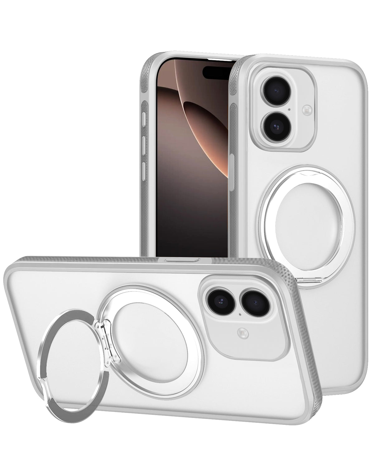 White heavy duty rugged MagSafe case with camera guard and ring kickstand for iPhone 13 / 14 / 15 / 16e / 17e, shown propped up