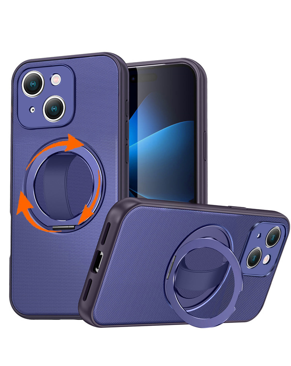 Blue textured shockproof case with 360 degree rotating ring stand for iPhone 13 / 14 / 15 / 16e / 17e, shown propped up