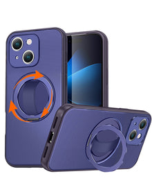 Blue textured shockproof case with 360 degree rotating ring stand for iPhone 13 / 14 / 15 / 16e / 17e, shown propped up