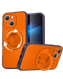 Orange textured shockproof case with 360 degree rotating ring stand for iPhone 13 / 14 / 15 / 16e / 17e, shown propped up