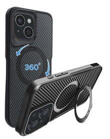 Black carbon fiber texture magnetic case with 360 degree ring stand for iPhone 13 / 14 / 15 / 16e / 17e, shown propped up