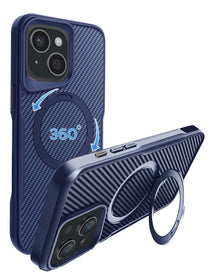 Navy Blue carbon fiber texture magnetic case with 360 degree ring stand for iPhone 13 / 14 / 15 / 16e / 17e, shown propped up