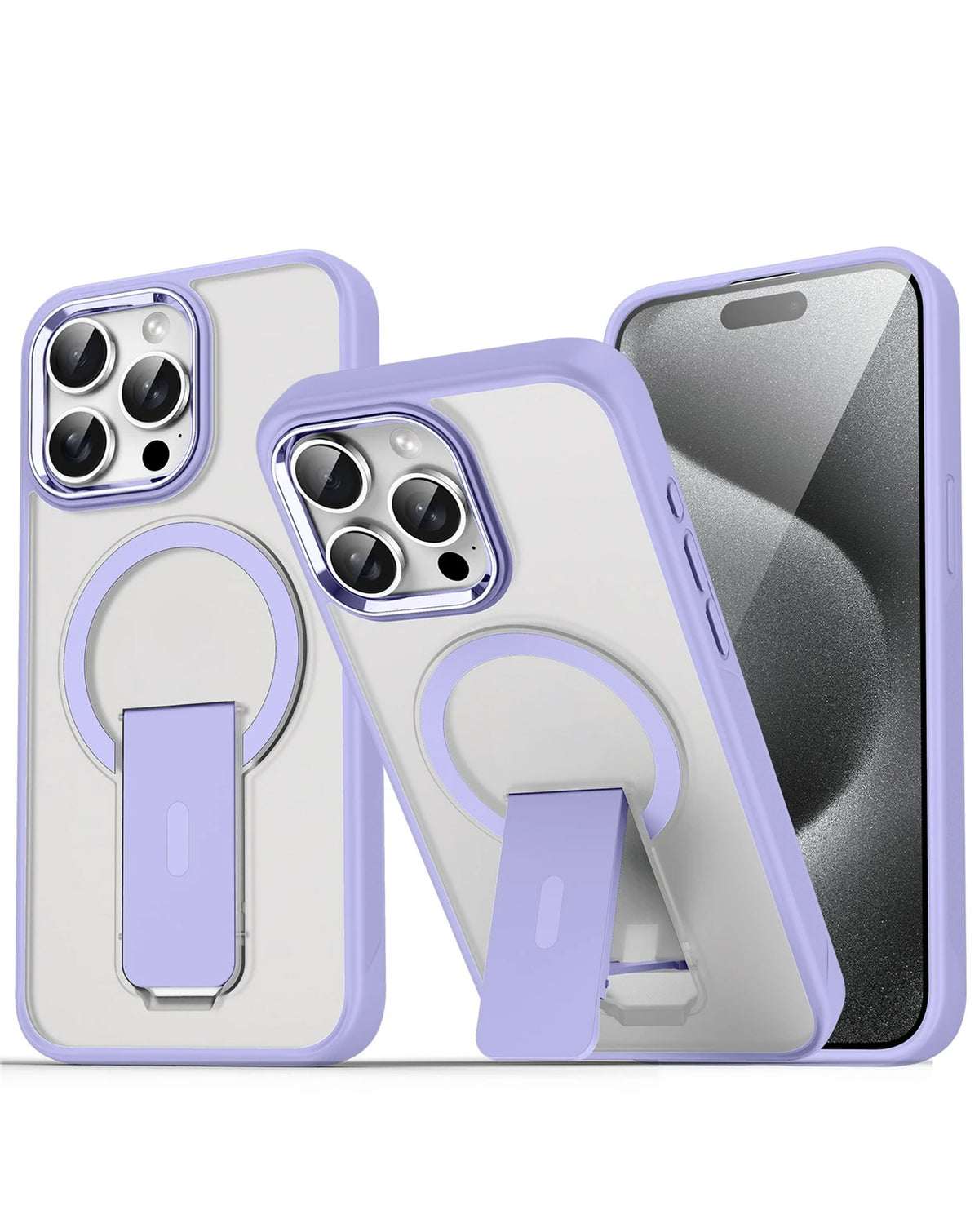 Clear magnetic case with lavender frame and built-in kickstand for iPhone 13 / 14 / 15 / 16e / 17e, shown standing