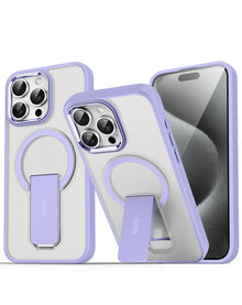 Clear magnetic case with lavender frame and built-in kickstand for iPhone 13 / 14 / 15 / 16e / 17e, shown standing