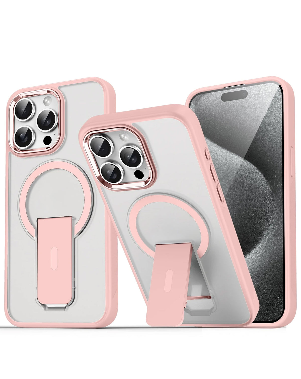 Clear magnetic case with pink frame and built-in kickstand for iPhone 13 / 14 / 15 / 16e / 17e, shown standing
