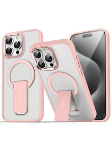 Clear magnetic case with pink frame and built-in kickstand for iPhone 13 / 14 / 15 / 16e / 17e, shown standing