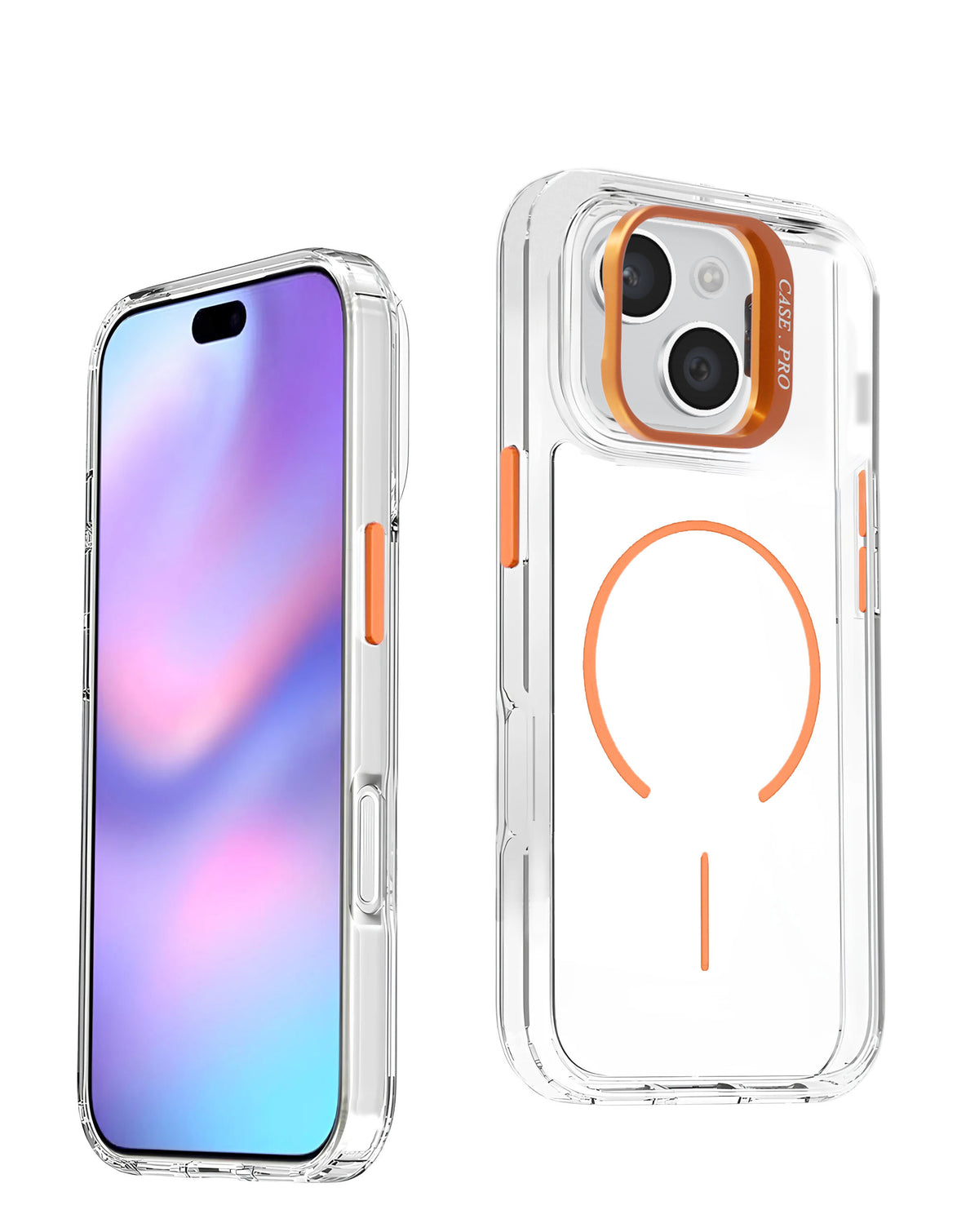 Clear magnetic case with orange camera ring kickstand for iPhone 13 / 14 / 15 / 16e / 17e, front and back view