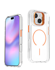 Clear magnetic case with orange camera ring kickstand for iPhone 13 / 14 / 15 / 16e / 17e, front and back view