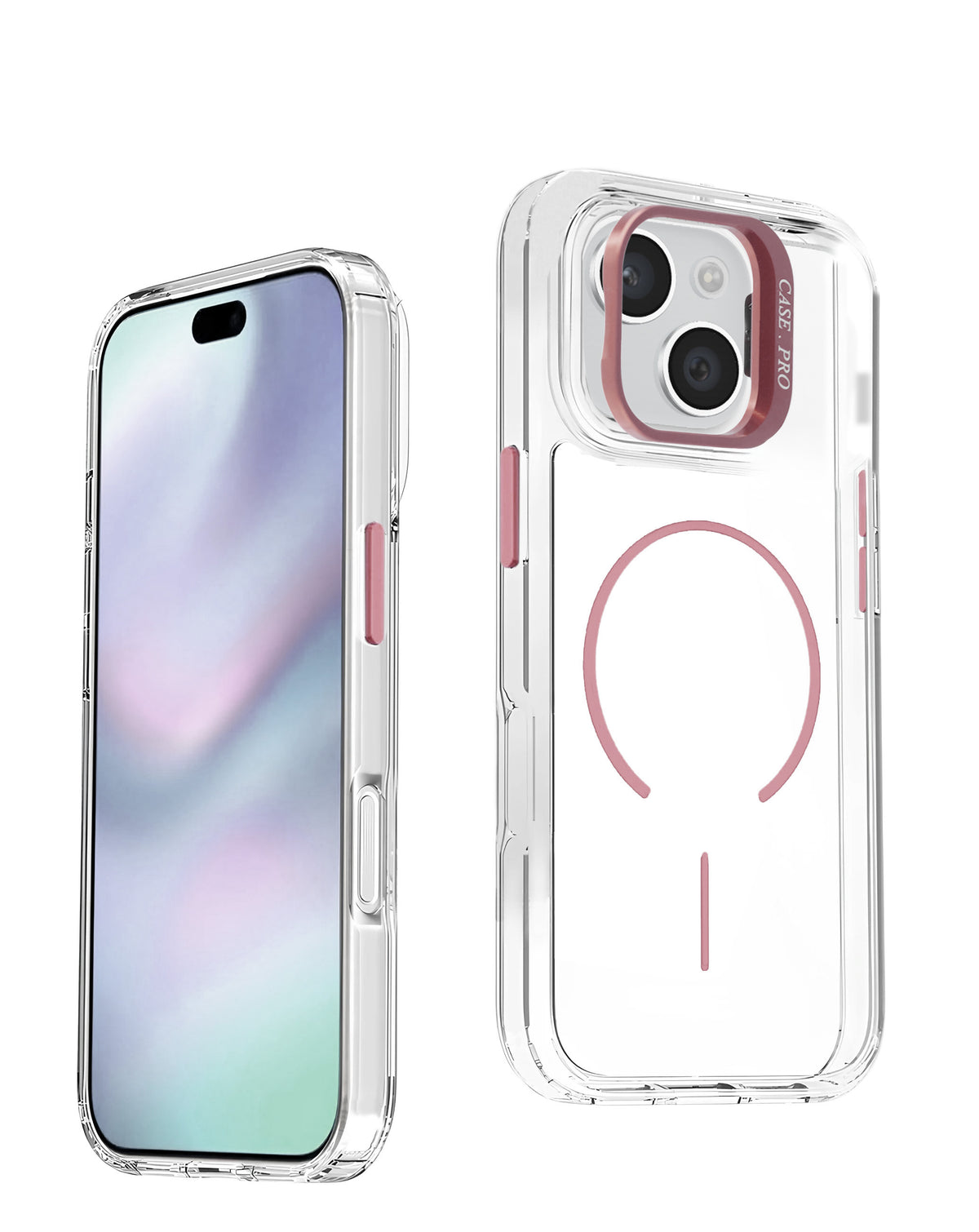 Clear magnetic case with pink camera ring kickstand for iPhone 13 / 14 / 15 / 16e / 17e, front and back view