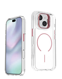 Clear magnetic case with pink camera ring kickstand for iPhone 13 / 14 / 15 / 16e / 17e, front and back view