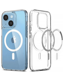 Ultra hybrid clear MagSafe case for iPhone 13 / 14 / 15 / 16e / 17e, front and back view showing the magnetic ring