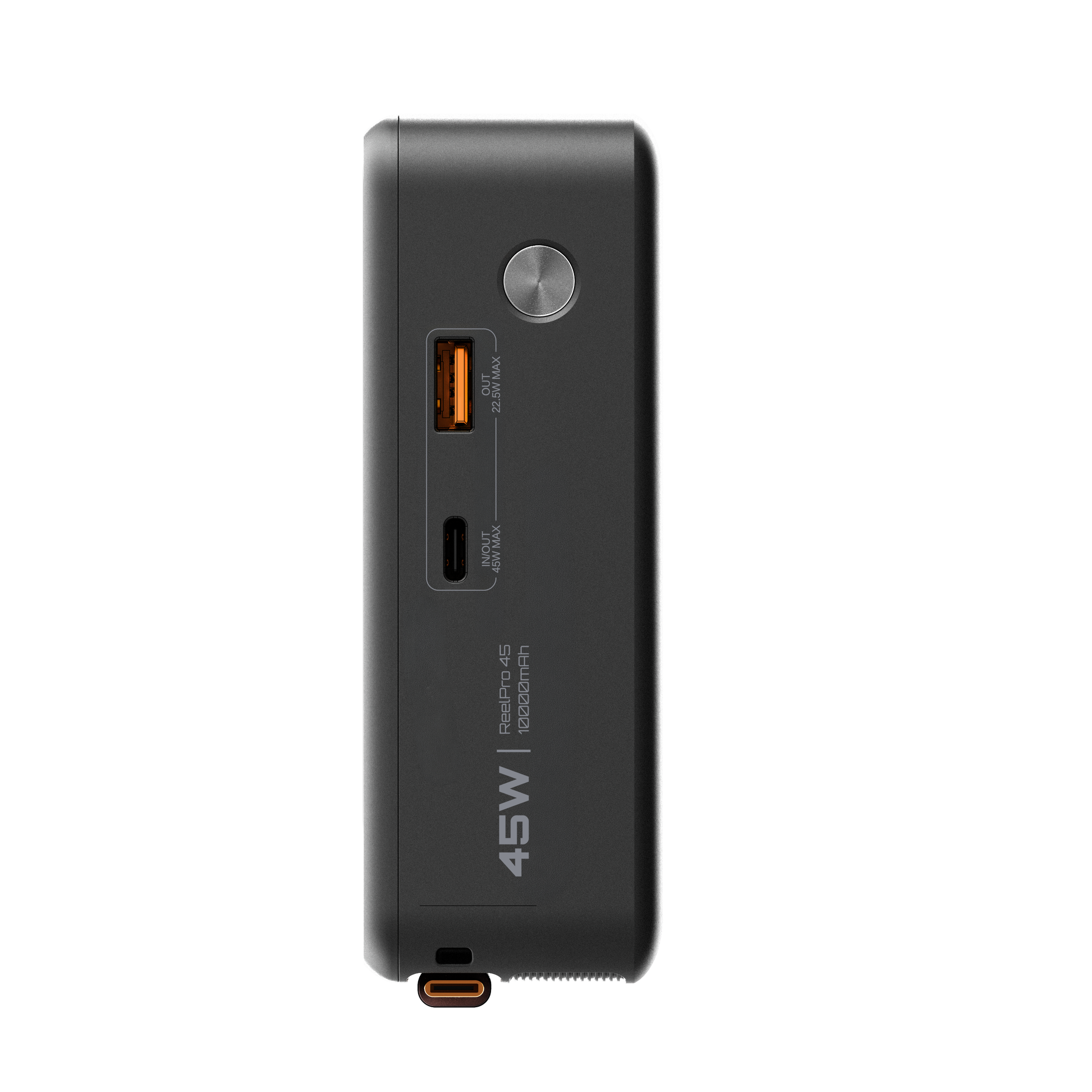 Side view of the ReelPro 45W 10,000 mAh power bank showing the USB-A and USB-C output ports