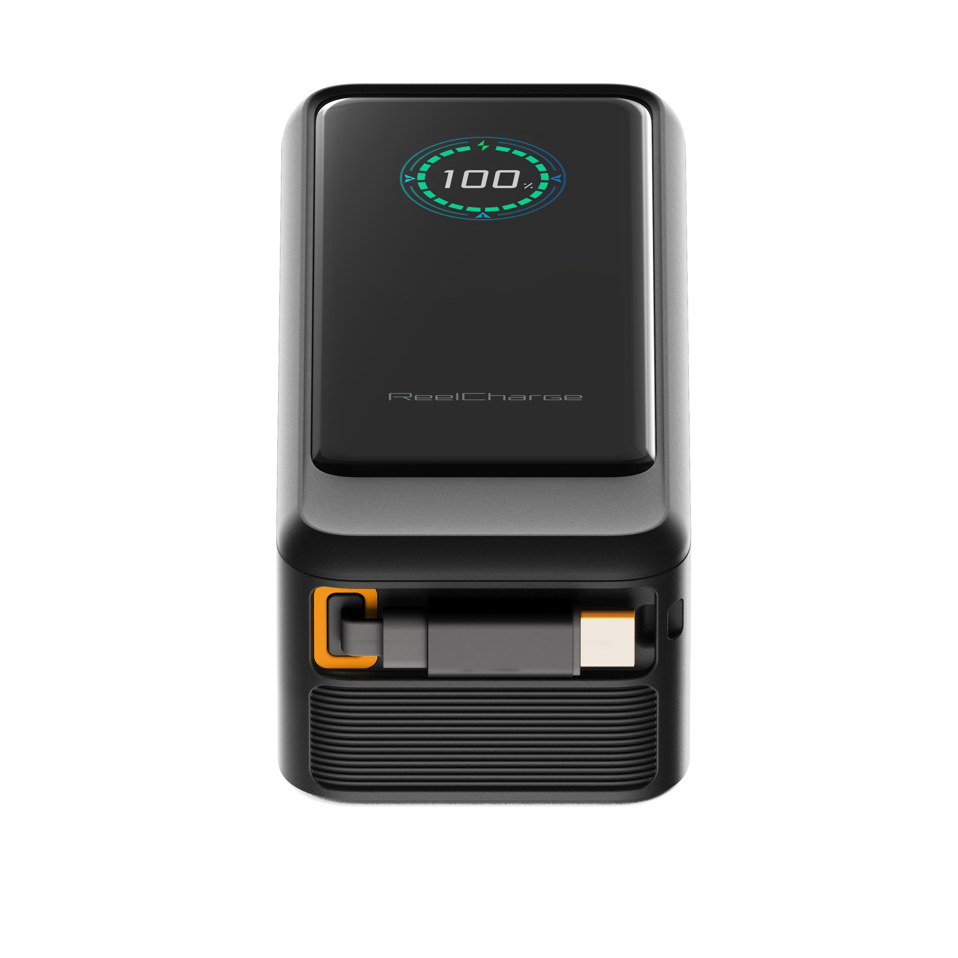 Front view of the ReelPro 45W power bank showing the color display and the retractable cable bay
