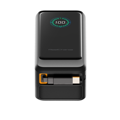 Front view of the ReelPro 45W power bank showing the color display and the retractable cable bay