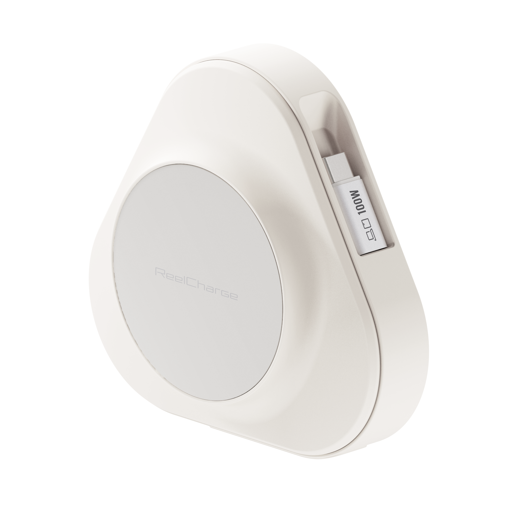 Angled view of the white ReelCharge 100W wireless power station