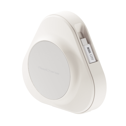 Angled view of the white ReelCharge 100W wireless power station