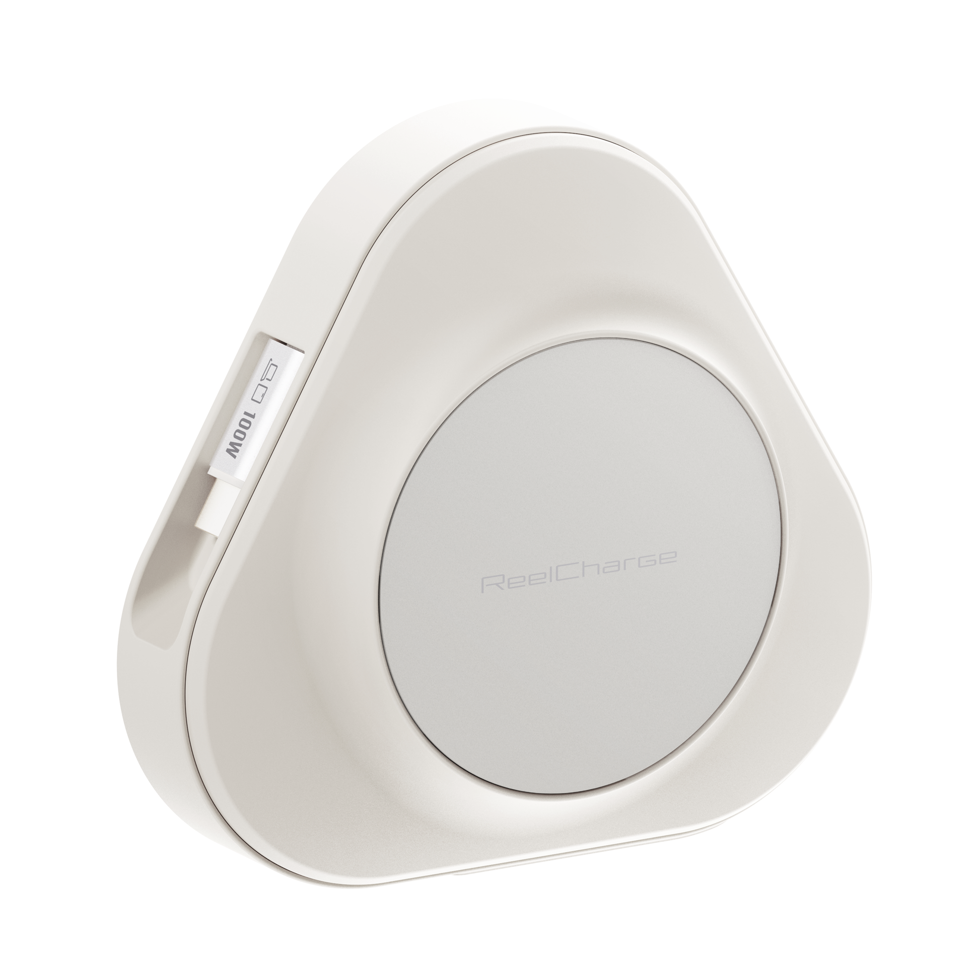 White ReelCharge 100W power station angled to show the retractable cable slot