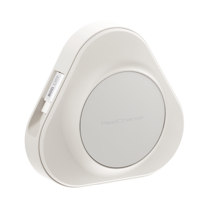 White ReelCharge 100W power station angled to show the retractable cable slot