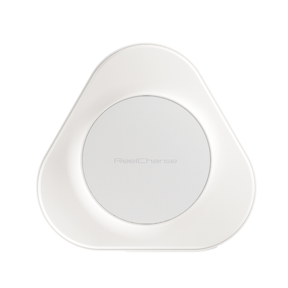 Straight-on view of the white ReelCharge 100W power station wireless charging pad