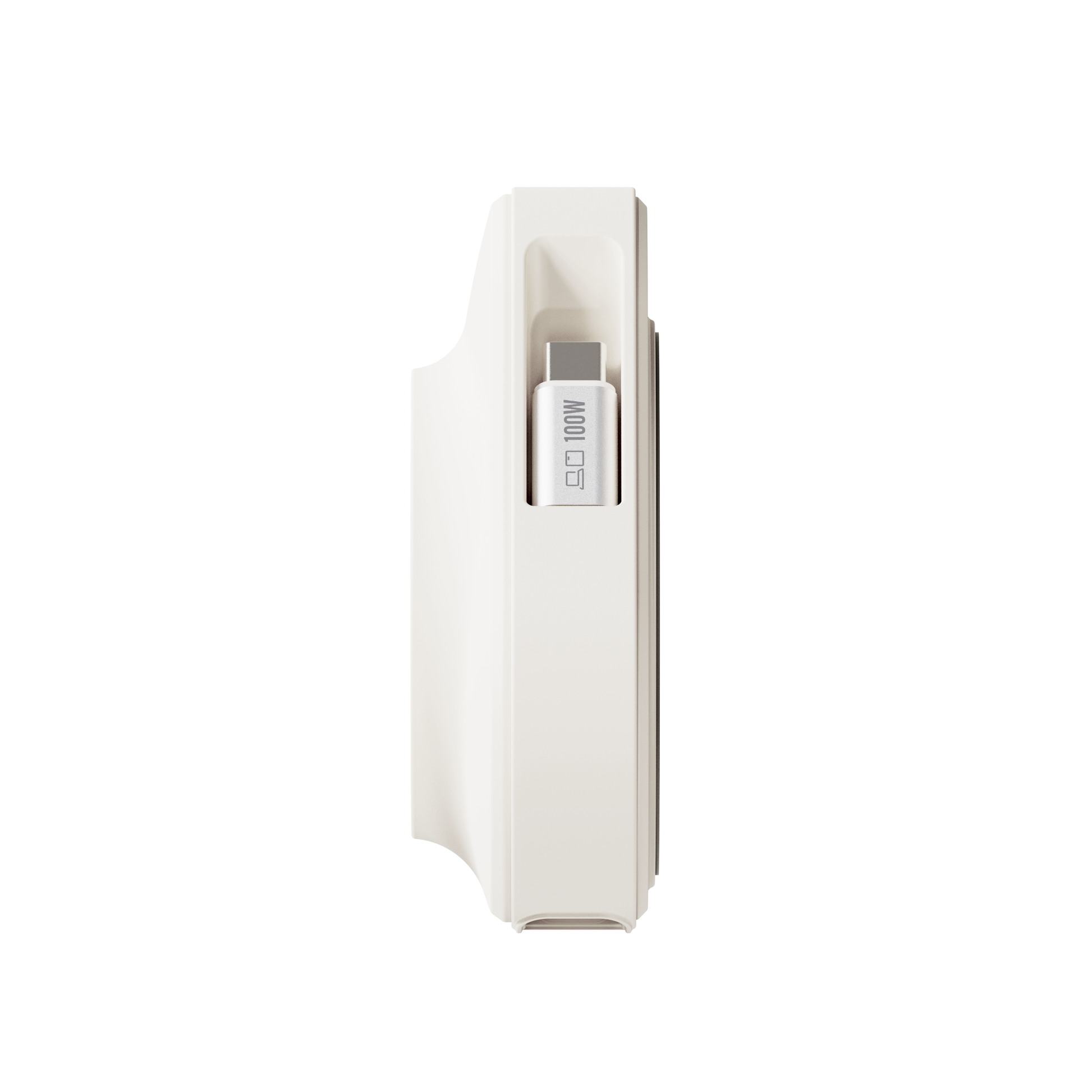 Side view of the white ReelCharge 100W power station with the USB-C cable head extended