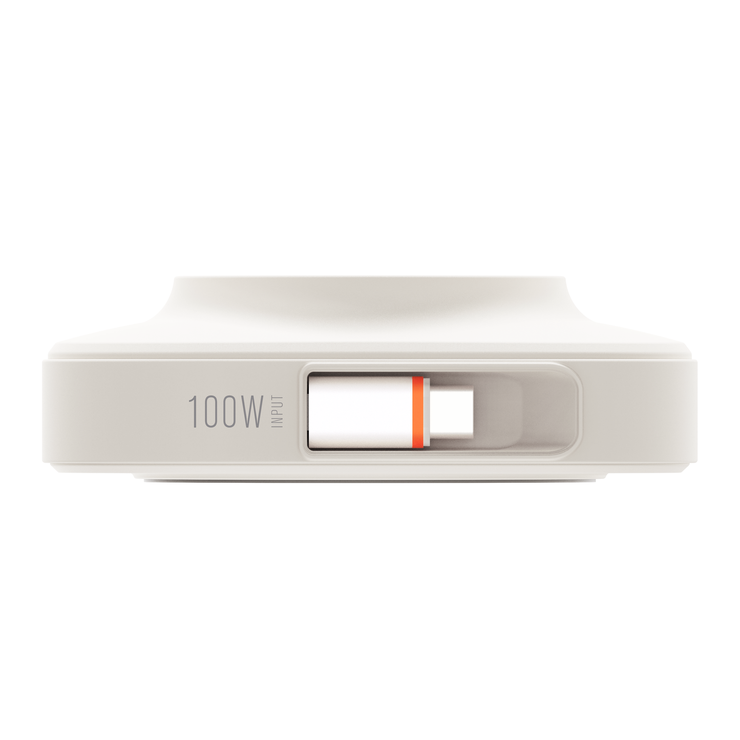 Edge view of the white ReelCharge 100W power station showing the cable release mechanism