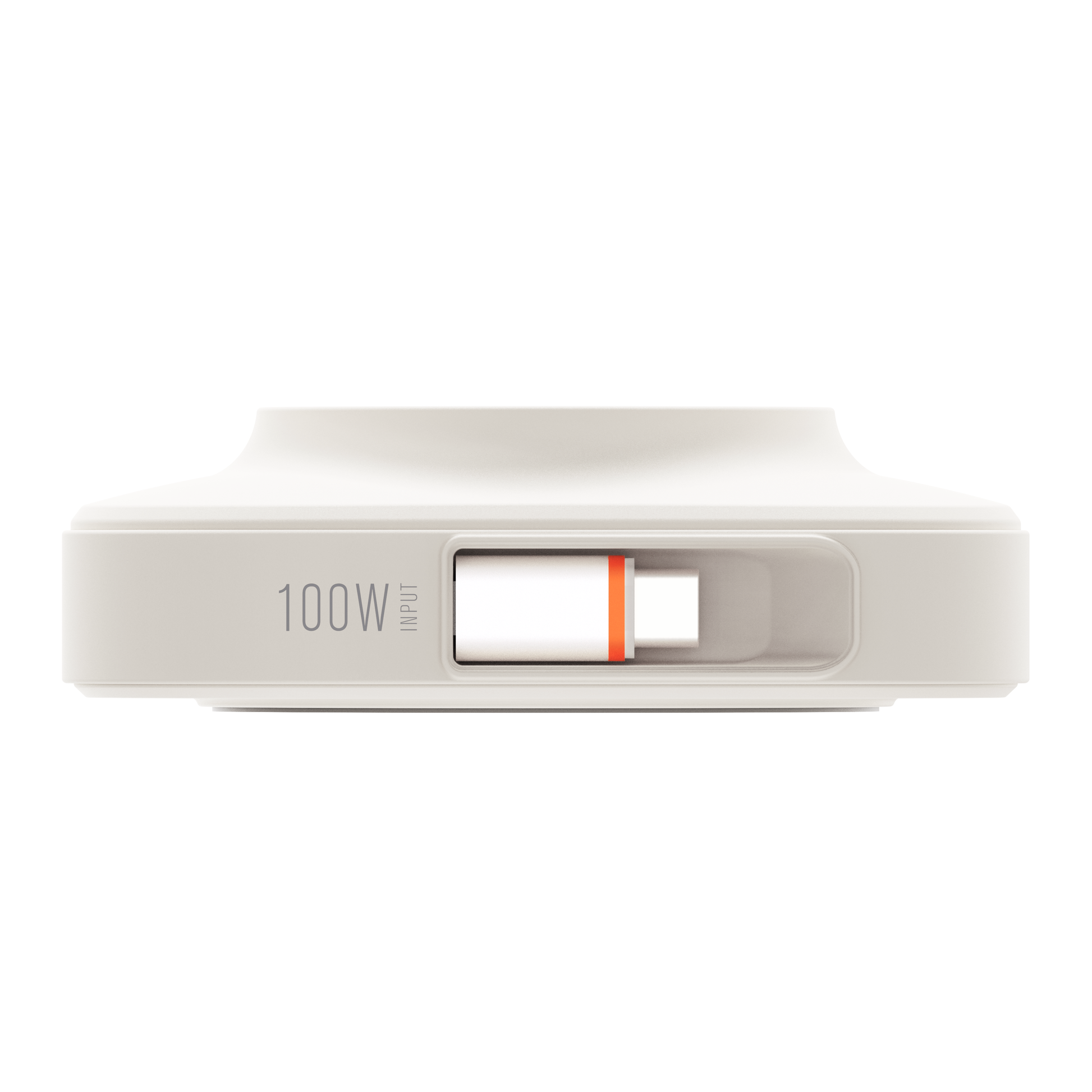 Edge view of the white ReelCharge 100W power station showing the cable release mechanism