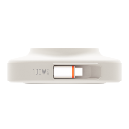 Edge view of the white ReelCharge 100W power station showing the cable release mechanism